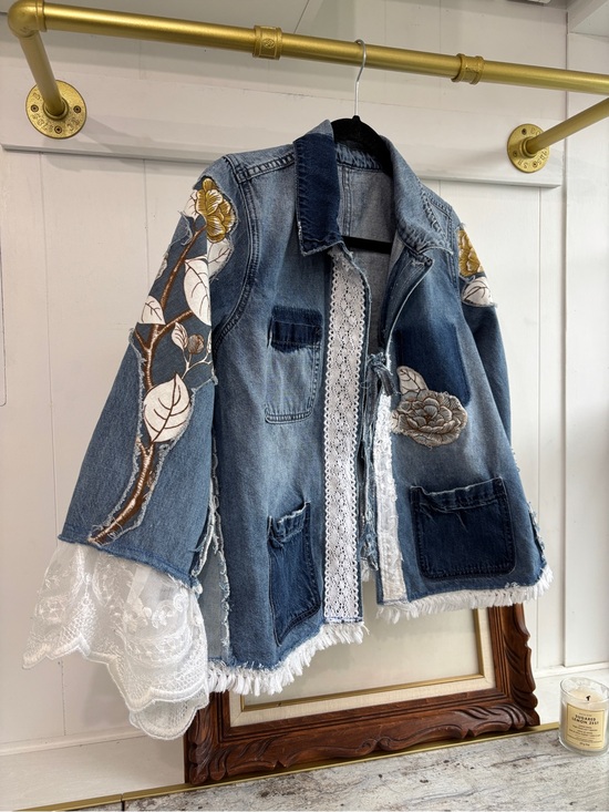Jackets & Blazers - Upcycled Oversized Boho Lace Floral Appliqué Denim Jacket Shabby Chic M L XL